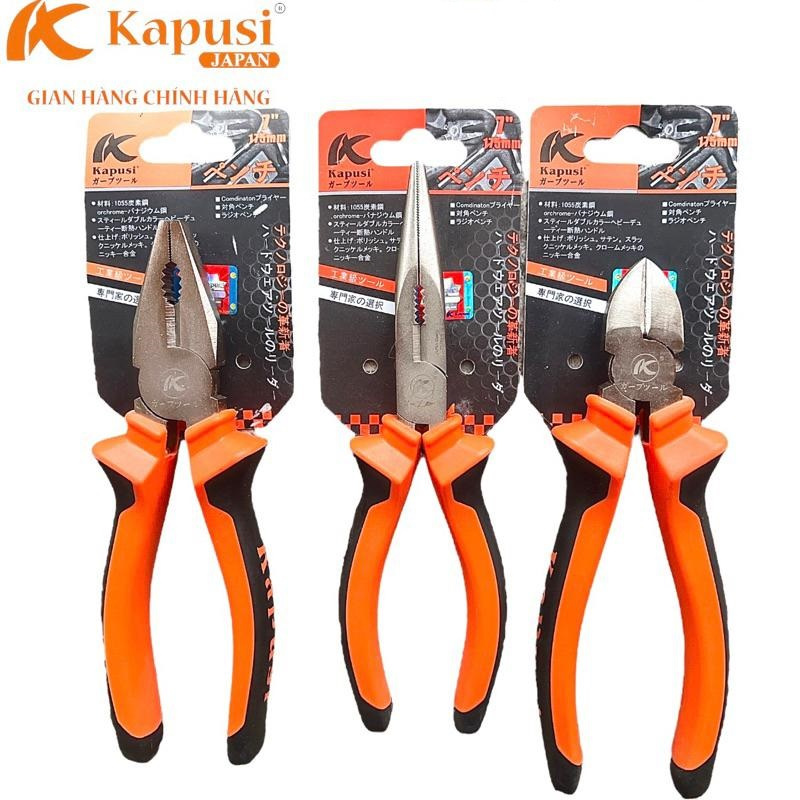 Kìm điện - Kìm nhọn - Kìm cắt 7"/175mm Kapusi Japan, Thép Crv, thiết kế tiên tiến tiết kiệm 30% lực bấm