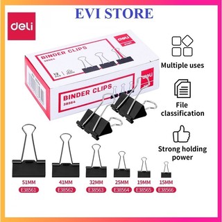 Hộp 12 kẹp bướm đen kẹp tài liệu sắt các cỡ Deli 38566 / 38565 / 38564 / 38563 / 38562 / 38561