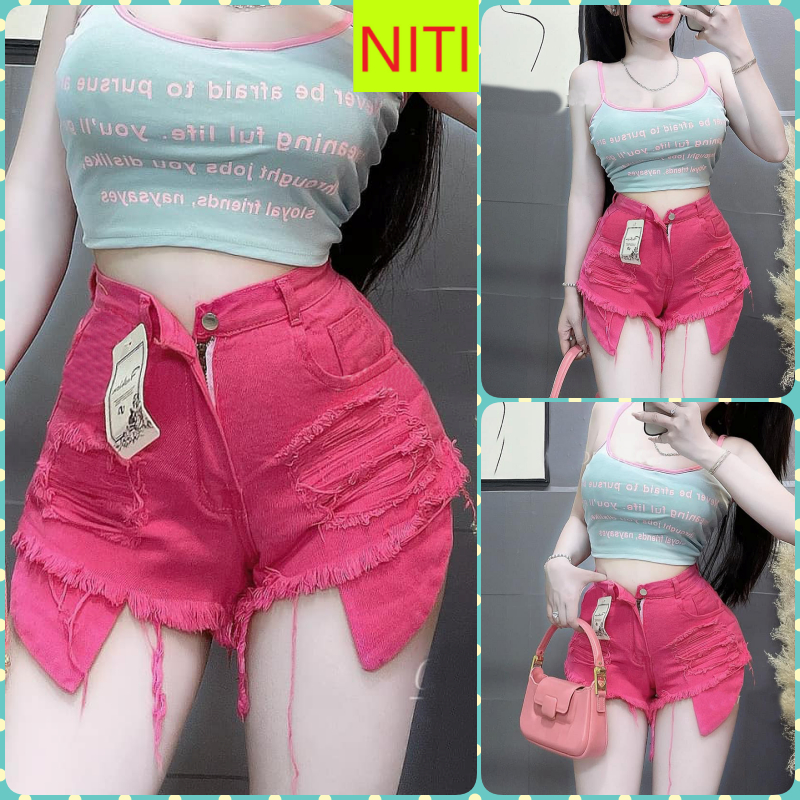QUẦN SHORT JEANS ĐÙI NỮ LƯNG CAO RÁCH CÀO MẢNG ĐÙI LỘ TÚI XẺ LAI MÀU HỒNG ĐẬM SIÊU CÁ TÍNH