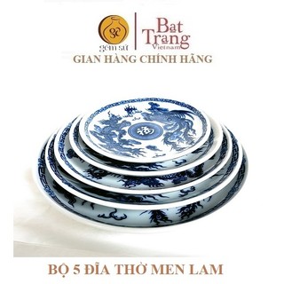 Bộ 5 đĩa sứ thờ men lam vẽ Long Phụng gốm Bát Tràng