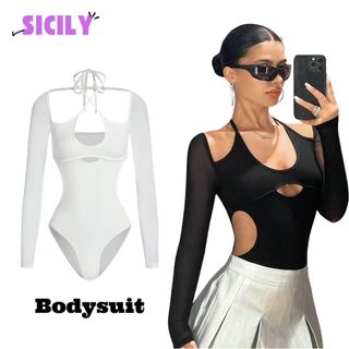 Áo bodysuit nữ tay dài Sicily áo liền quần tay dài phối lưới Style Sexy SUIT602