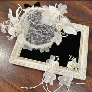Set mũ lưới ren kèm hoa tai