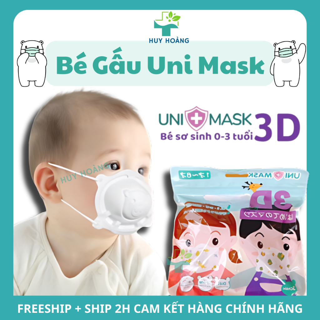 Khẩu trang gấu bé Sơ Sinh 0-3 tuổi [ SET 3 Cái] khẩu trang trẻ em chính hãng UNI MASK công nghệ Nhật