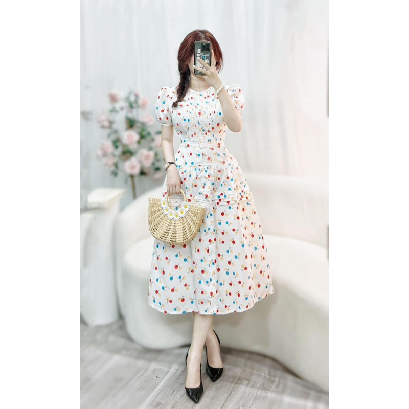 Đầm cherry dáng dài tiểu thư