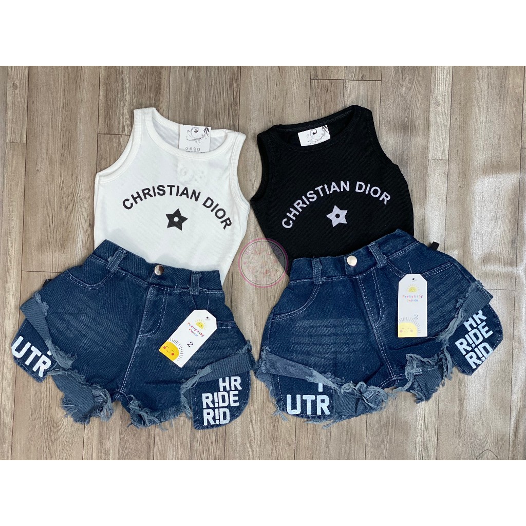 Bộ quần jean rách và áo thun Dior cho bé gái siêu cá tính, năng động ngày hè từ 10-40kg
