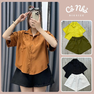 Đồ Bộ Bigsize Nữ Áo Sơ Mi Tay Ngắn Lật Lai Kèm Quần Đùi Ống Rộng Vải Cotton lạnh SET913