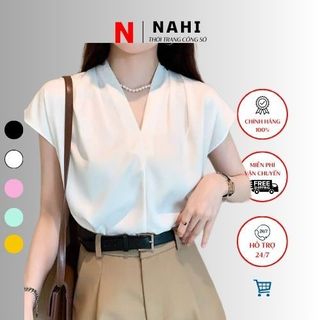 Áo sơ mi cổ V AN02 - Áo sơ mi ngắn tay cổ v - Áo sơ mi lụa nữ ngắn tay vải lụa mát mịn, quyến rũ, khí chất Nahi.vn