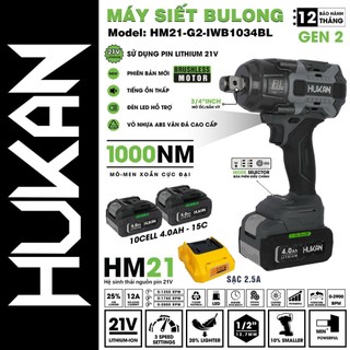 Máy siết bulong đầu 3/4 HUKAN G2-IWB1034BL, Động cơ Không chổi than, Lực siết 1000Nm, Bảo hành 12 tháng