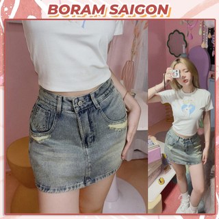 Chân váy jean nữ dáng ngắn, chân váy bò rách nhẹ hai túi BORAM SG