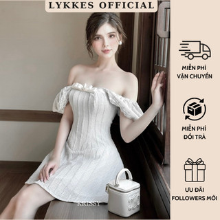 Đầm váy trắng ren dệt 2 lớp trễ vai mặc 2 kiểu phối nơ chiết eo dáng xòe đầm đi tiệc d023