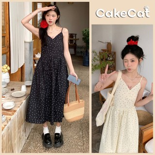 Đầm - Váy 2 Dây Chất Liệu Thô Đũi Mát Váy Maxi Dáng Dài Họa Tiết Chấm Bi Mặc Đi Biển Đi Chơi Cakecat