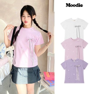 Áo babytee đính nơ thắt dây “nơ bạc” vải thun co dãn - trắng/ tím | moodie brand