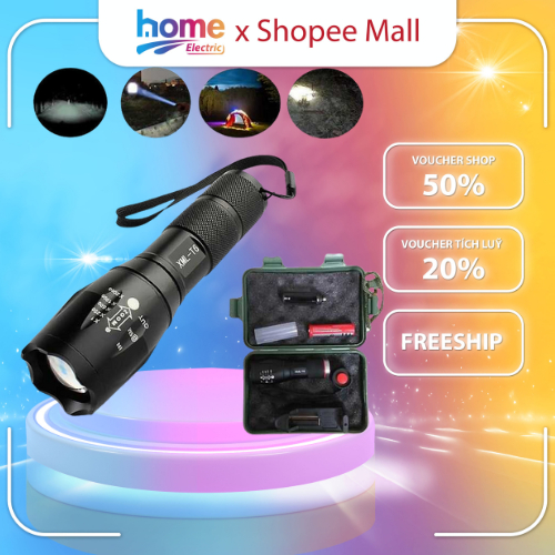 Đèn pin mini siêu sáng mini cầm tay, đèn led XML T6 full box hộp kèm pin và sạc vỏ kim loại chắc chắn, chống nước