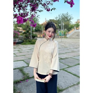 Đồ lam đi chùa liên hoa, bộ đồ lam đi chùa nữ - set lam đũi linen thêu sen cúc ngọc