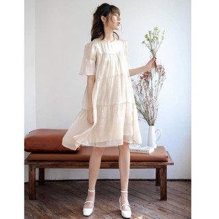 Đầm bầu dự tiệc cao cấp organza, đầm bầu xinh công sở babydoll màu be nhạt 3 size