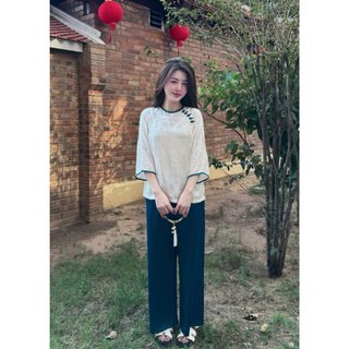Đồ lam đi chùa liên hoa, bộ đồ lam đi chùa nữ - set lam gấm tằm thọ cúc ngọc