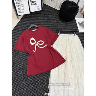 Set Chân Váy Dài Tua + Áo Thun Nơ Đỏ