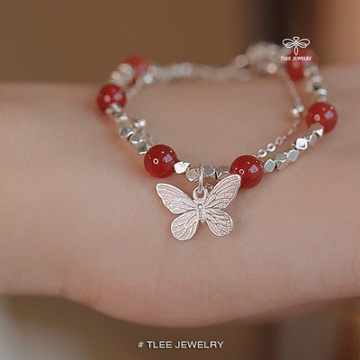 Lắc tay bạc nữ TLEE, vòng tay hồ điệp mix đá garnet tự nhiên tốt cho tình duyên TLEE JEWELRY LT0316