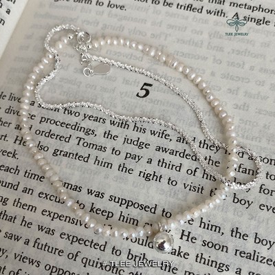 Lắc chân bạc nữ TLEE, vòng chân sợi xù kim tuyến mix chuỗi trai treo chuông nhỏ nữ tính TLEE JEWELRY