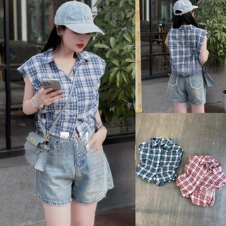 Áo sơ mi kẻ tay hến bồng rút eo lưng chun 2 màu xinh hot hit phong cách trẻ trung
