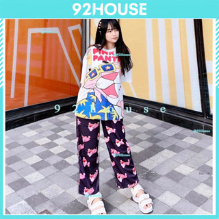 Bộ dài hoạt hình đồ nhóm đi biển áo thun tay lỡ unisex báo hồng + Quần dài cartoon báo hồng freesize phom rộng