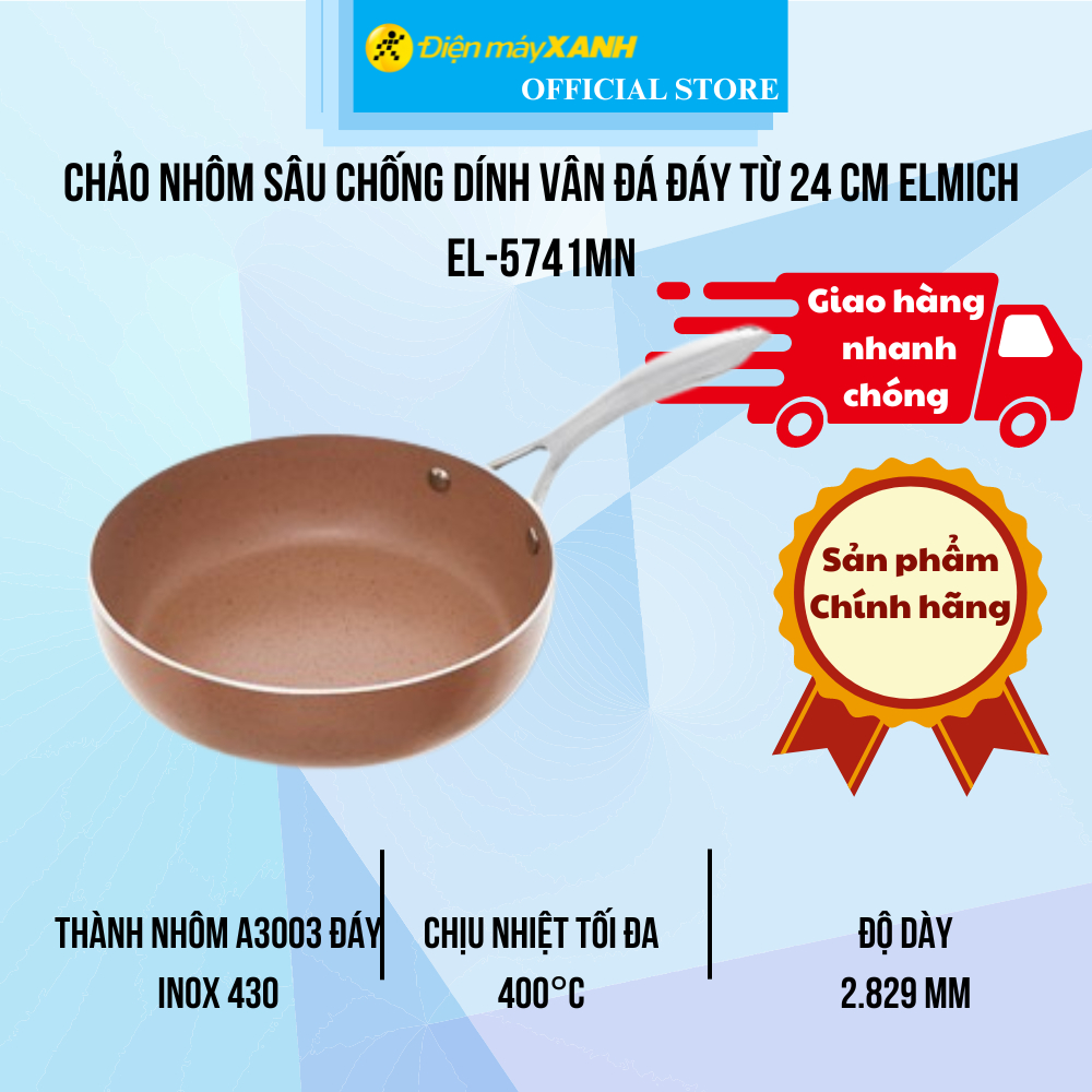 Chảo nhôm sâu chống dính vân đá đáy từ 24 cm Elmich EL-5741MN