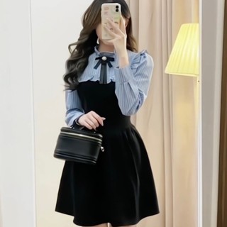 Đầm Sơ Mi Kẻ Xanh Tay Dài Dáng Xoè Mini Kèm Nơ Tiểu Thư Bigsize Kim Ngân S/M/L/XL/XXL DX145 DX146
