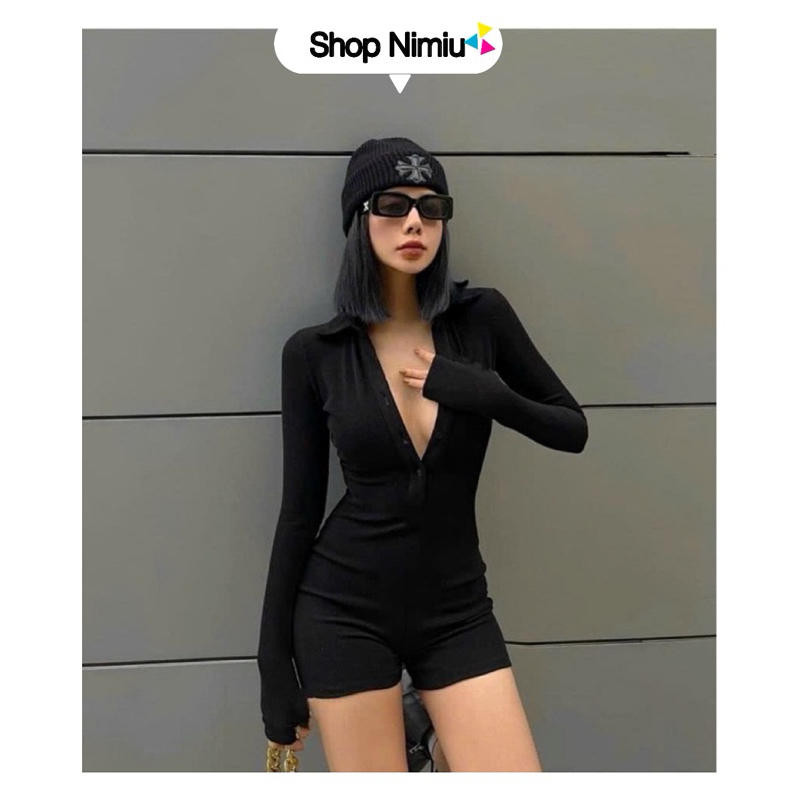 Jumpsuits đùi thời trang nữ mặc đi chơi Biển chất thun gân cổ v cài nút sơ mi tay dài ôm body sexy