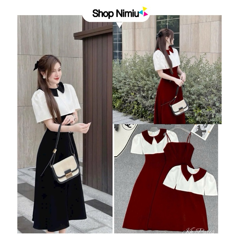  Đầm thời trang nữ mặc đi chơi Tết chất nhung 2 dây maxi kèm áo khoác cotton lạnh trắng cổ sơ mi phối cổ vạc nhọn Đen Đỏ 