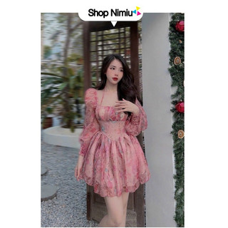 Đầm thời trang nữ mậc đi chơi chất voan hoa cao cấp cổ vuông tay dài xoè 2 màu QC
