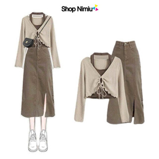 SET VÁY THỜI TRANG NỮ PHONG CÁCH HÀN QUỐC MẶC ĐI CHƠI CHẤT THUN GÂN KÈM ÁO LÓT CỔ , ÁO TAY DÀI MIX CHÂN VÁY KAKI CHỮ A