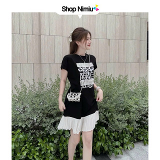 Đầm thun gân phối lụa dập ly in hình váy suông màu đen thời trang nữ mặc đi dạo phố dễ thương