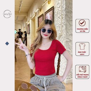 Áo thun nữ cổ vuông tay ngắn chất co giãn có mút ngực Spring 293 P2k7