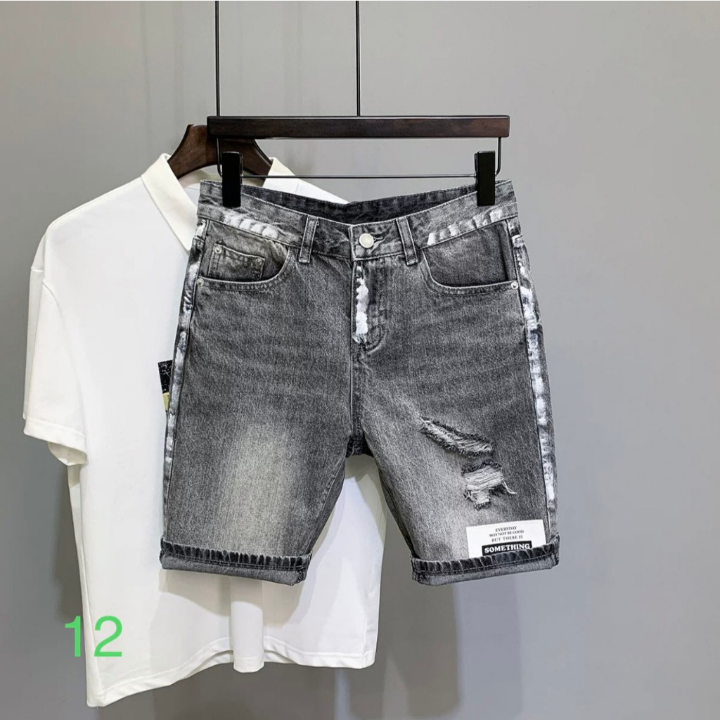 Quần short jean nam màu xám rách vảy sơn in logo chất denim co dãn nhẹ YUKI OUTFIT