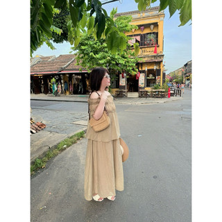 Set đũi nâu trễ vai bèo ngực kèm chân váy bigsize