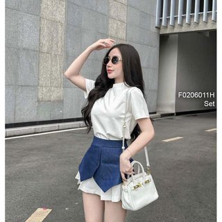 Set kiểu trắng tay con kèm chân váy ngắn hai tầng pha xanh tà phối xếp ly! TOMBI SHOP
