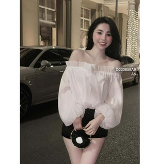 Áo kiểu tơ trễ vai hai lớp phối nơ ngực tay dài phồng! TOMBI SHOP