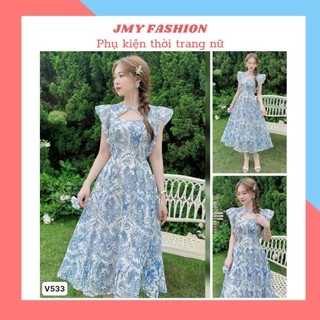 V533 Váy xòe xanh thiết kế tay bèo tiểu thư đi biển [TH Hà Thanh] váy xanh xòe dáng dài nữ tính