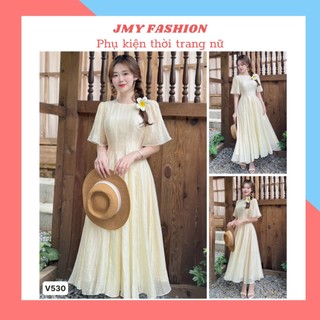 V530 Váy vàng dáng xòe dài maxi đi biển nữ tính [TH Hà Thanh] váy maxi vàng tay lỡ tiểu thư