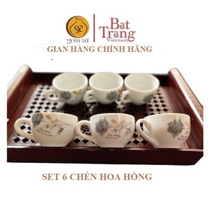 Bộ 6 chén hoa hồng đen có tai - Sứ Bát Tràng