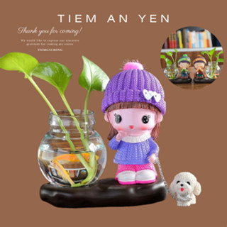 Bình thủy sinh trồng cây kèm tượng Nam Nữ Cặp Đôi Couple Tiệm An Yên, để bàn học, bàn làm việc