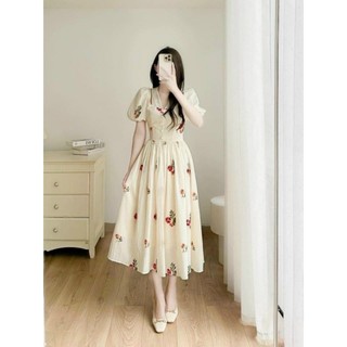 Đầm thời trang nữ mặc đi chơi chất LỤA hoa cổ chữ V hở vai tay búp ngắn váy dài xòe maxi siêu xinh qc