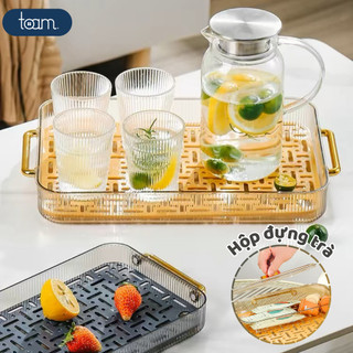 Khay úp ly cốc, Khay trà 2 lớp cao cấp thoát nước kèm hộp lưu trữ đựng trà sang trọng, chất liệu nhựa Acryllic
