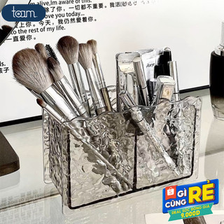 Khay Đựng Mỹ Phẩm VÂN KIM CƯƠNG TOAM, Hộp Để Cọ Trang Điểm, Ống Để Bút 2 Ngăn Trong Suốt Để Bàn