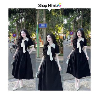 Đầm thời trang nữ mặc đi chơi chất cotton lạnh cổ tiểu thư cột nơ phối trắng tay ngắn váy xoè qua gối màu đen QC