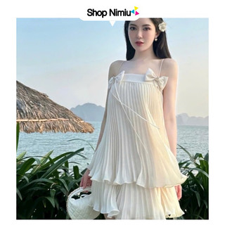 Sét váy thời trang nữ mặc đi chơi Hè mát mẻ chất voan dập ly phối tapta 2 dây đính nơ 2 bên kèm váy ngắn lót tầng QC