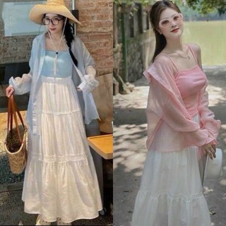Set Đầm Váy Nữ 3 Món. Áo Khoác Sơ Mi Tay Dài Tơ Nến Kèm Chân Váy Maxxi Phối Áo Trong Thun Tăm Xinh Xắn