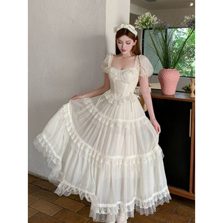 Set đầm maxi tay ngắn cổ vuông màu trắng nàng thơ thời trang mùa hè cho nữ