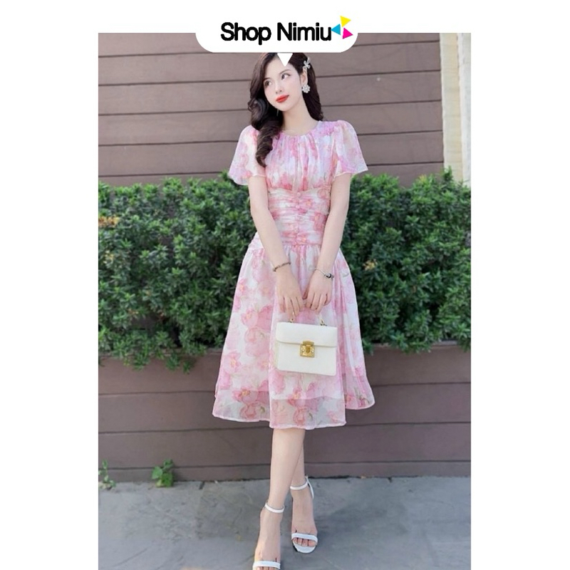 Đầm voan hoa thời trang nữ mặc đi chơi chất voan hoa nút bọc nhún eo có mút ngực váy xoè tới gối QC