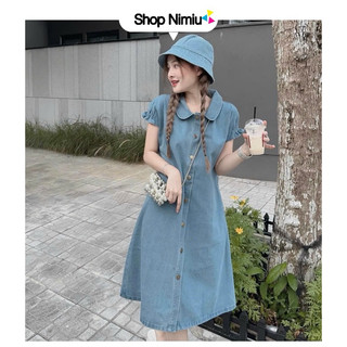 Đầm thời trang nữ mặc đi chơi không kèm NÓN chất jeans cứng chuẩn shop cổ bèo tiểu thư đính nút tay ngắn váy suông